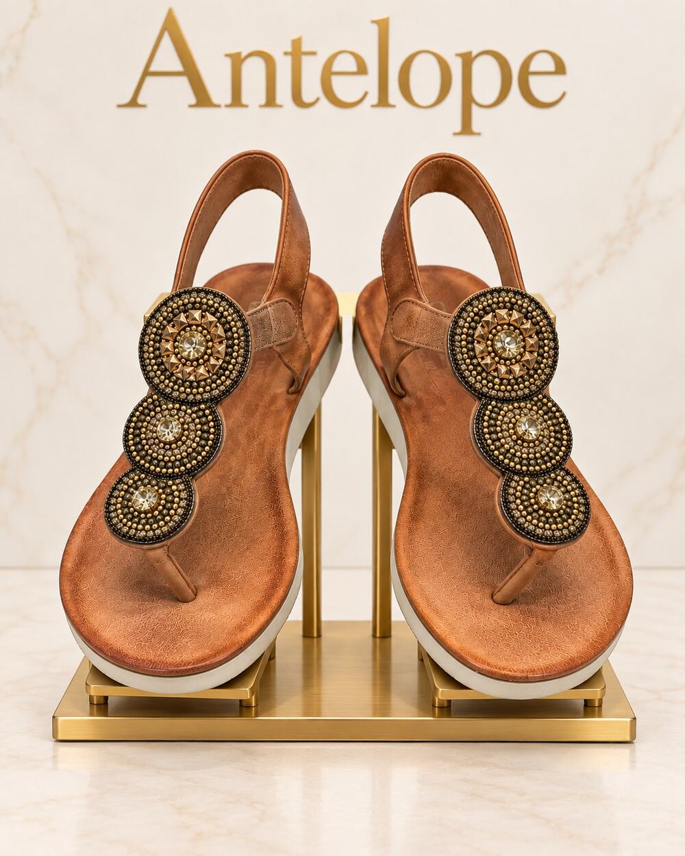 Antelope Beaded Medallion Leather T-Strap Sandals Size 7 EU 38